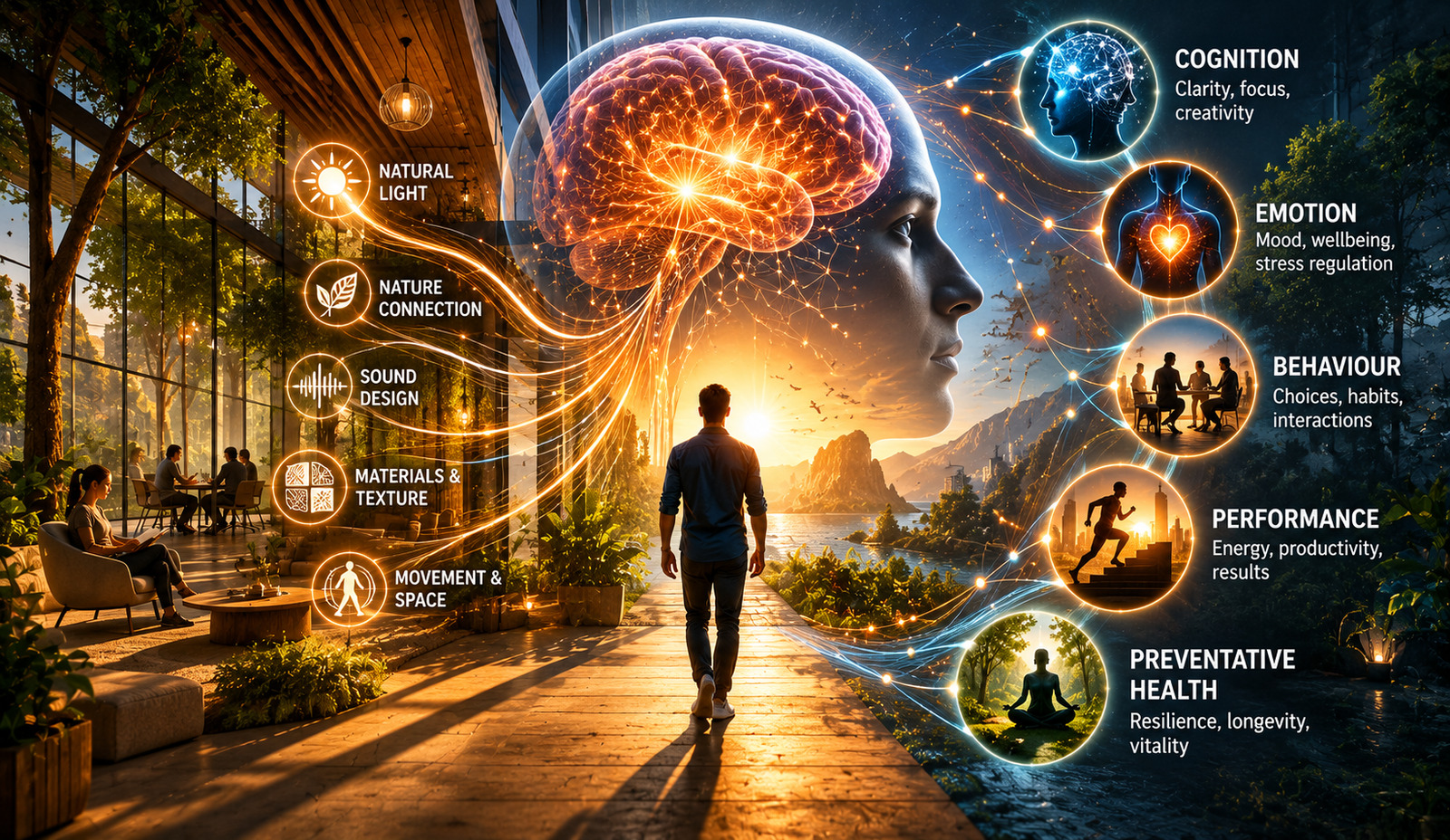 Infographic showing how architecture affects human cognition, emotion, behaviour, performance and preventative health through natural light, sound design, materials and movement