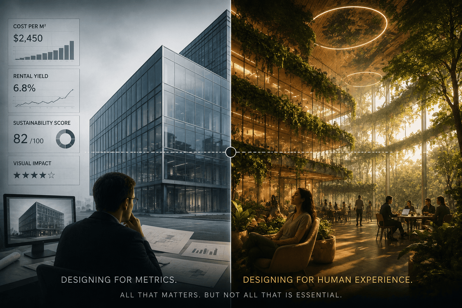 Split image contrasting designing buildings for financial metrics versus designing for human experience and wellbeing