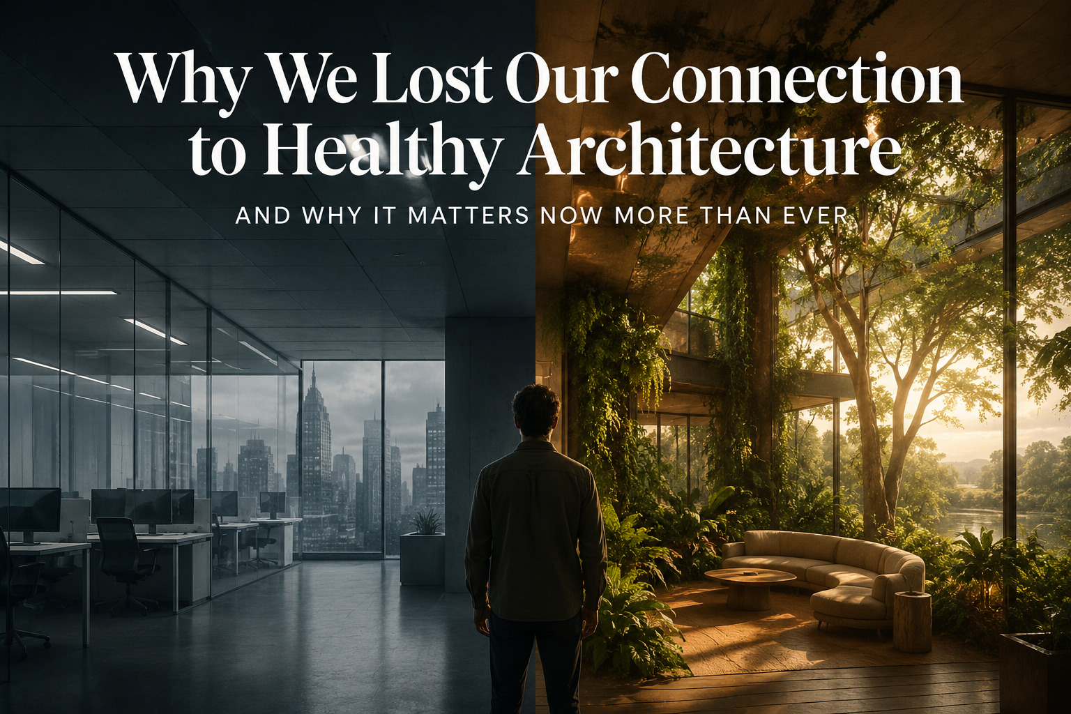 Modern office versus biophilic green space showing the contrast between sterile and healthy architecture designed for human wellbeing