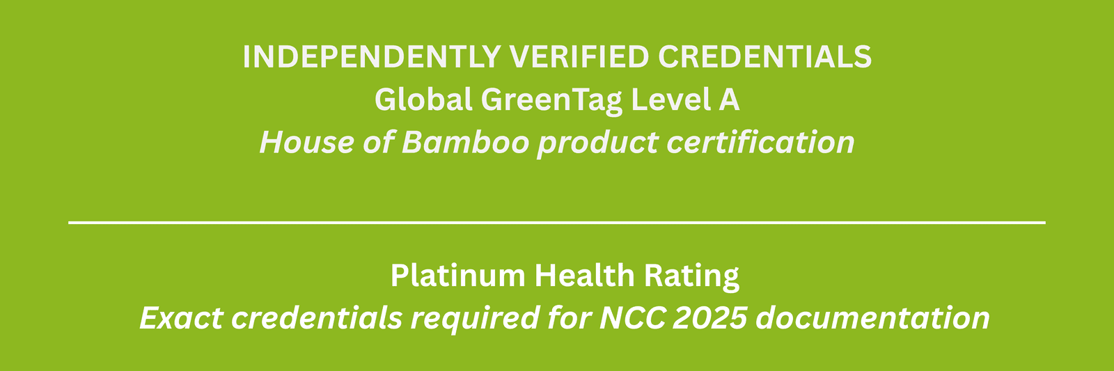 Independently verified bamboo building material with Global GreenTag and Platinum Health Rating for NCC 2025